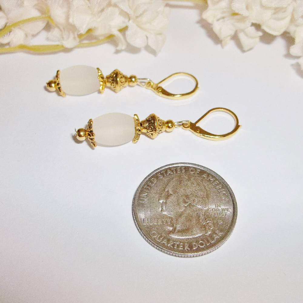 Earring Set White Frost Beach Glass & Gold 4542 - Picture 6 of 6